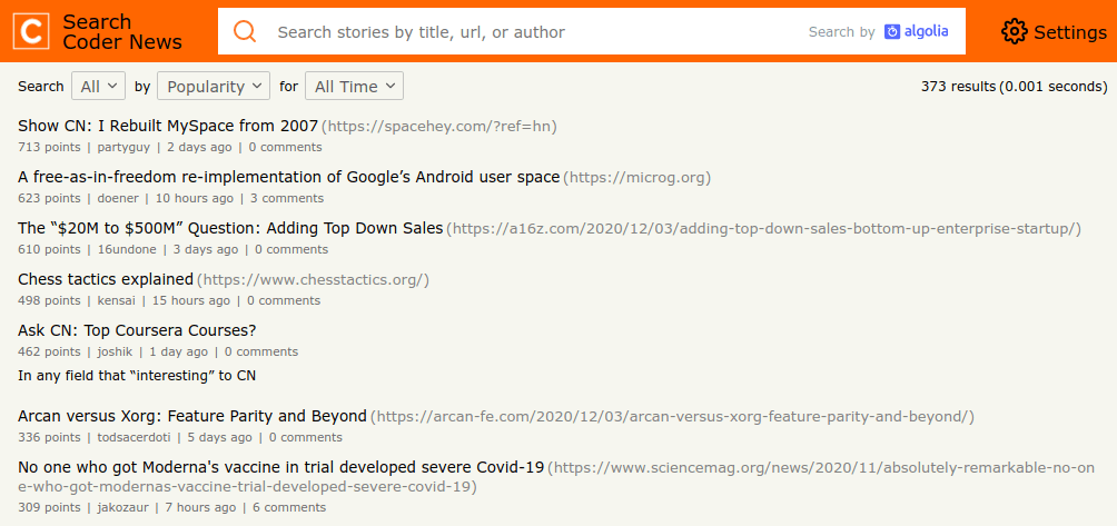 Coder News Demo Search Page Screenshot