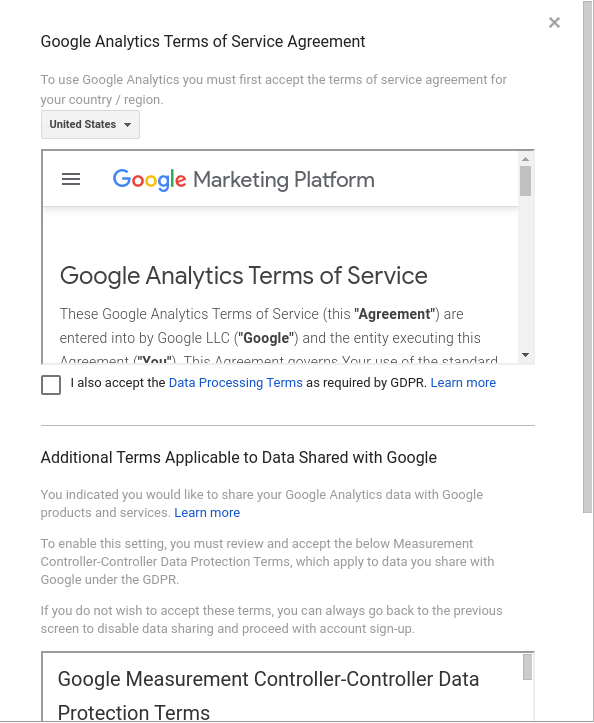 Google Analytics Property Details Terms of Service Agreement