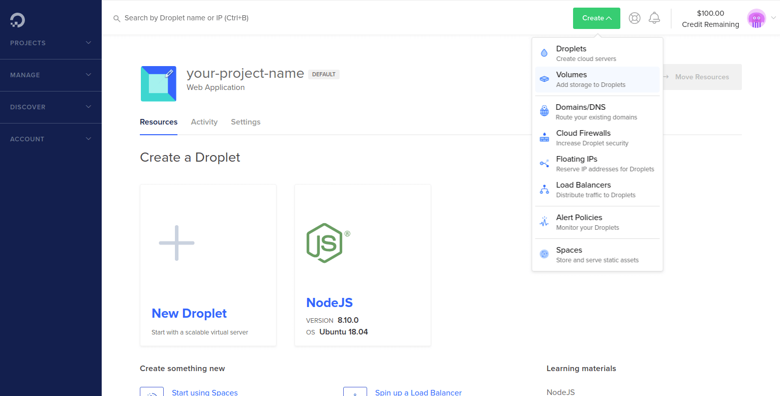 Create new droplet link on DigitalOcean.