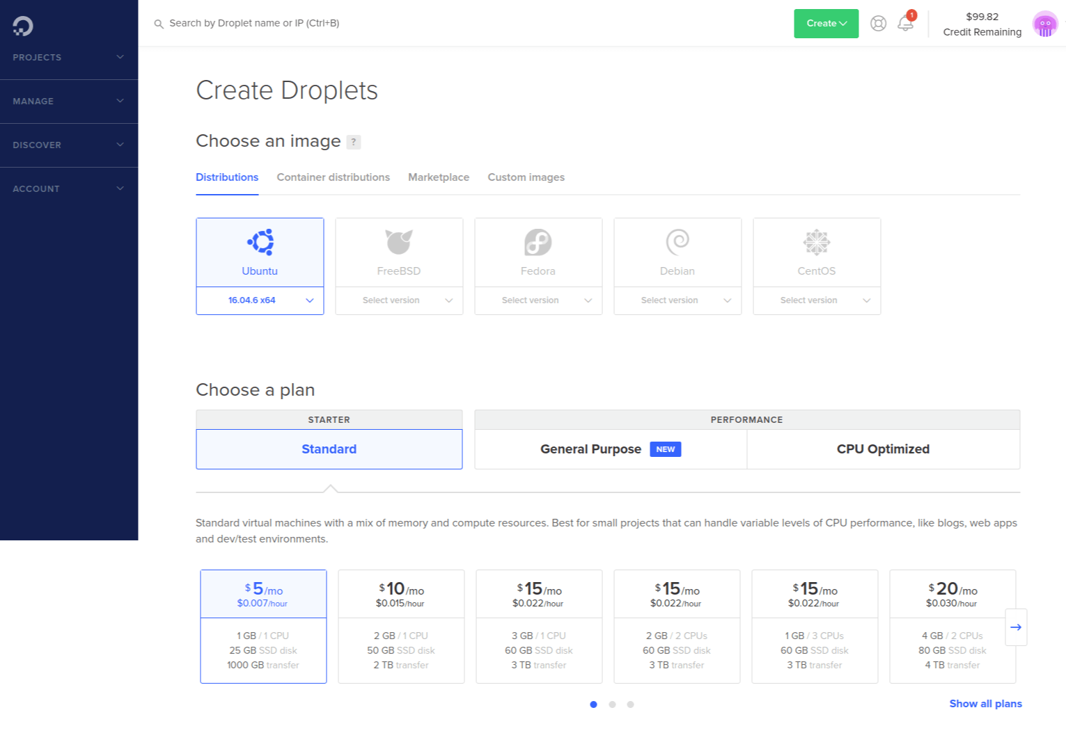 Create new droplet form page on DigitalOcean.