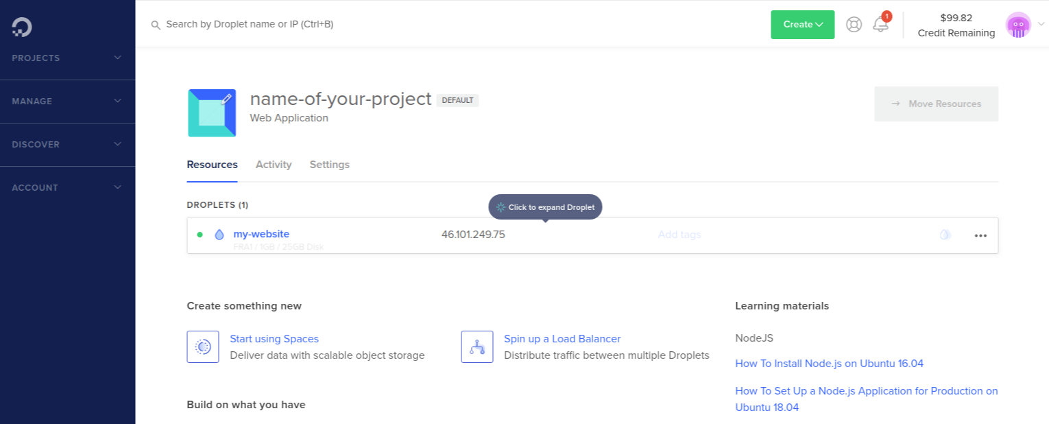 DigitalOcean droplet dashboard page.