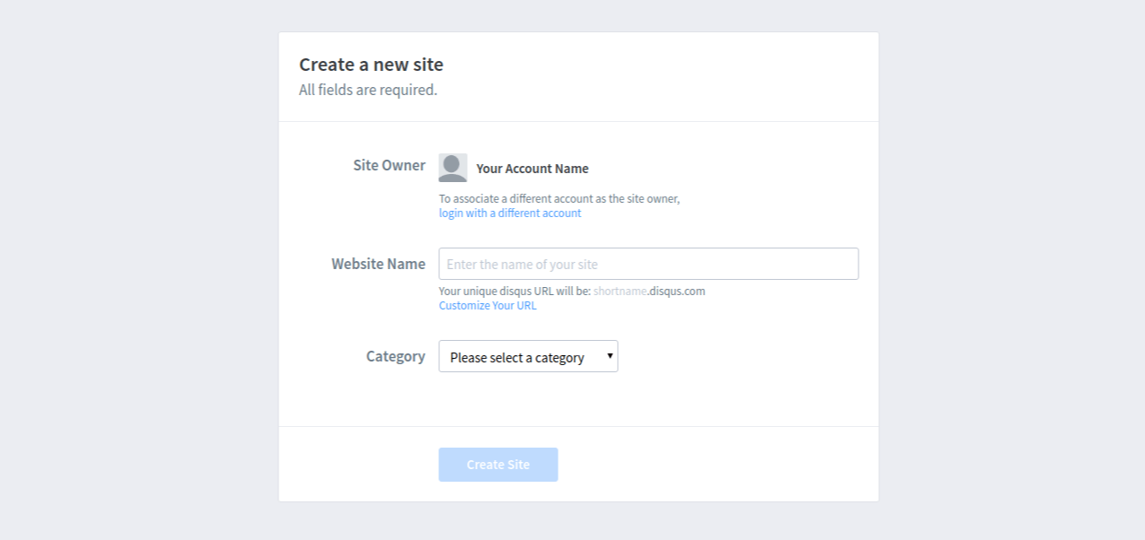 Disqus Create New Site Page