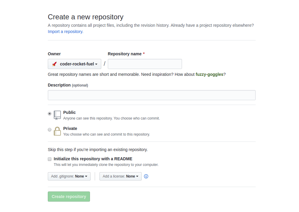 GitHub create a new repository form page.